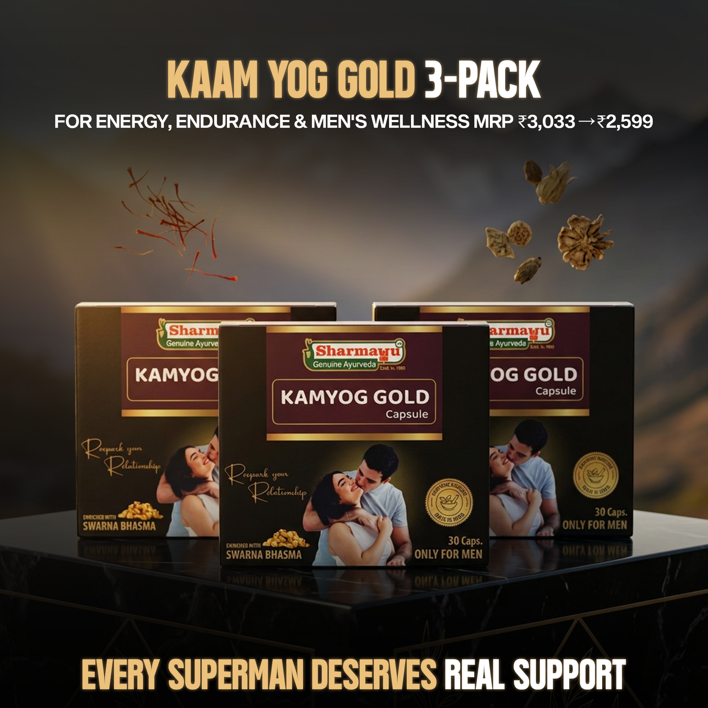 Sharmayu Kam Yog Gold Capsules (Pack of 3) – Ayurvedic Gold Formulation | Set of 3 × 30 Caps